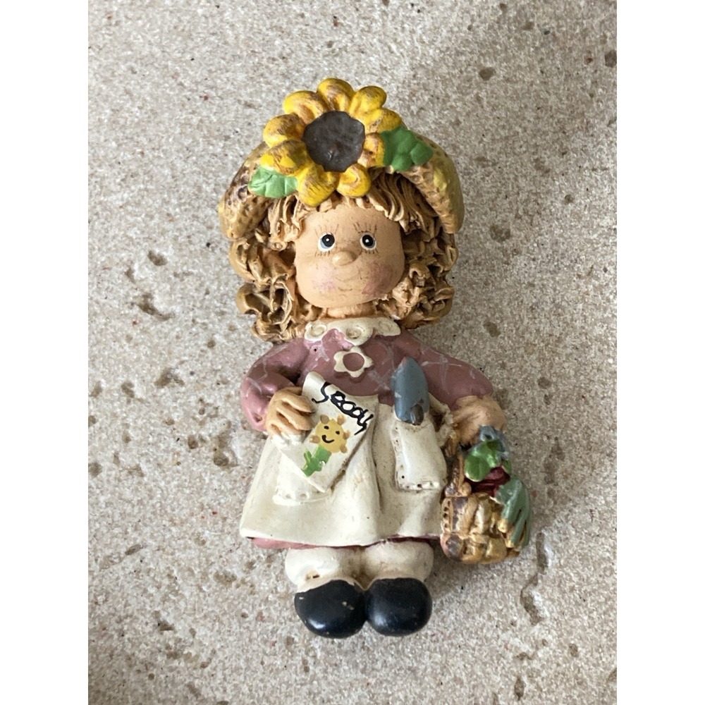 Vintage Gardener Girl Brooch Sunflower Hat Painted Resin Whimsical Cottagecore